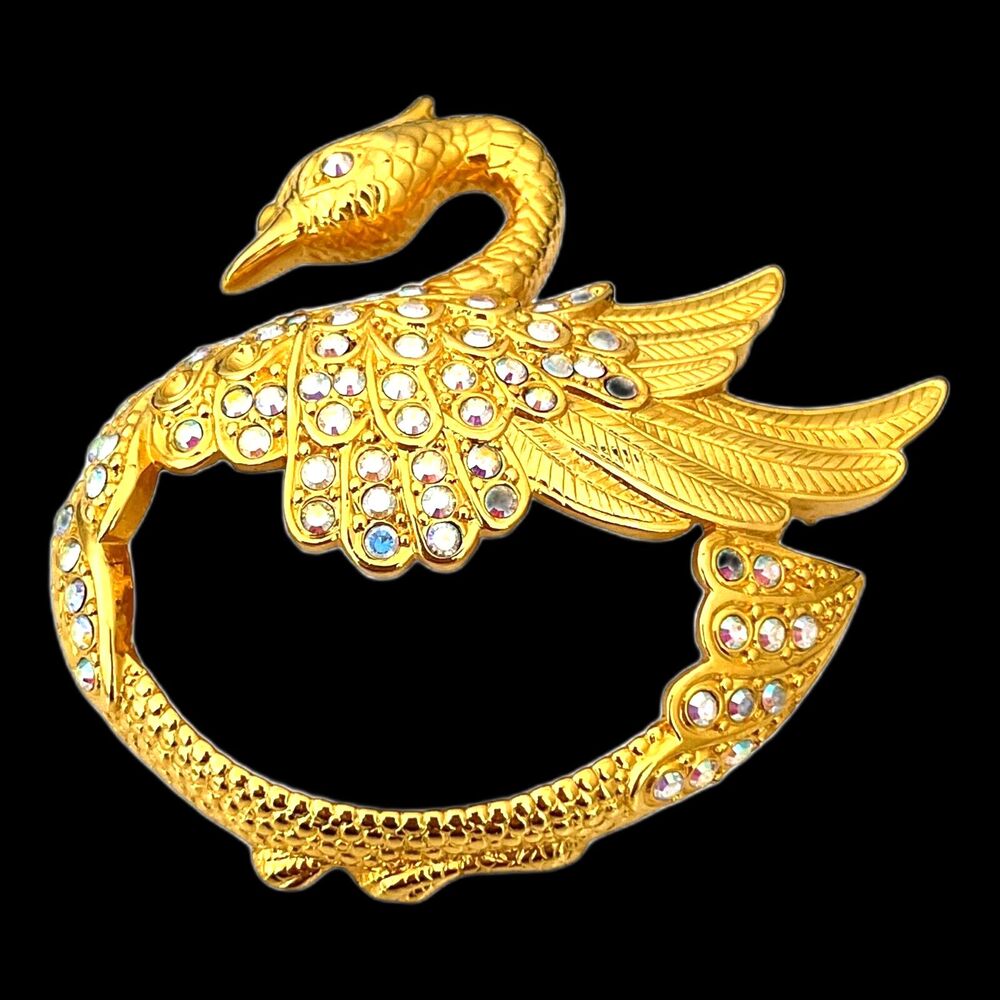 Vintage 1980s Edgar Berebi Swan Brooch AB Crystal Gold Tone - 1E